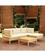 Salon de jardin 5 pcs avec coussins crème bois de pin | Mobilier & Déco