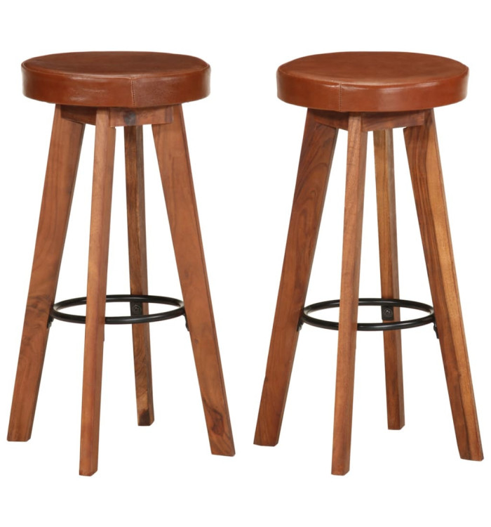 Chaises de bar lot de 2 cuir véritable et bois d'acacia solide | Mobilier & Déco