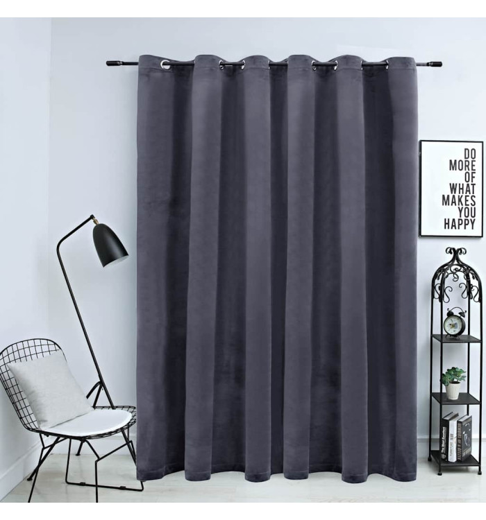 Rideau occultant et anneaux métal Velours Anthracite 290x245 cm | Mobilier & Déco