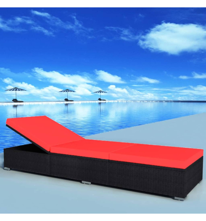 Chaise longue avec coussin Résine tressée Noir | Mobilier & Déco