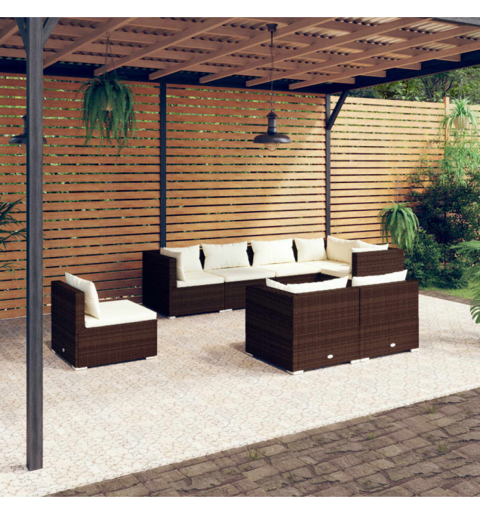 Salon de jardin 8 pcs avec coussins Résine tressée Marron | Mobilier & Déco