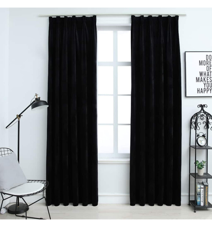 Rideaux occultants avec crochets 2 pcs Velours Noir 140x175 cm | Mobilier & Déco