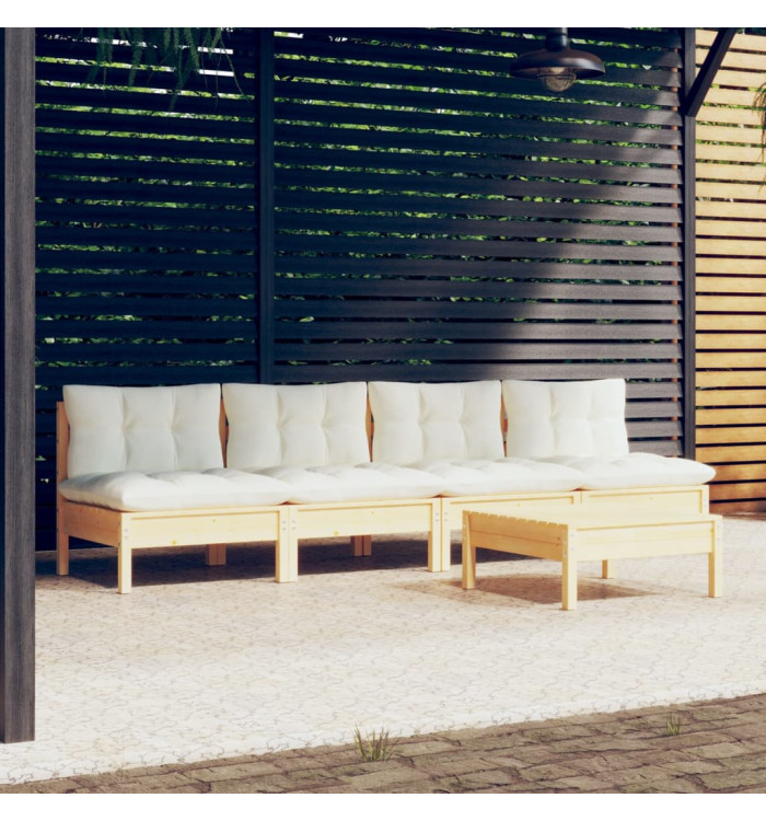 Salon de jardin 5 pcs avec coussins crème bois de pin | Mobilier & Déco