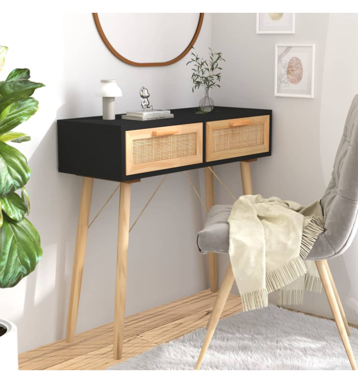 Table console Noir 80x30x75 cm Bois massif pin /rotin naturel | Mobilier & Déco