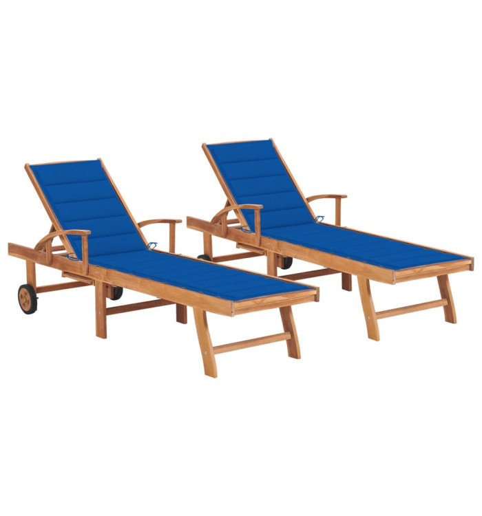 Chaises longues lot de 2 avec coussin bleu royal Teck solide | Mobilier & Déco