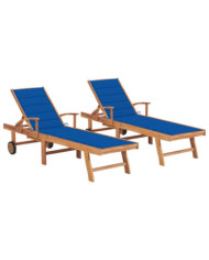 Chaises longues lot de 2 avec coussin bleu royal Teck solide | Mobilier & Déco
