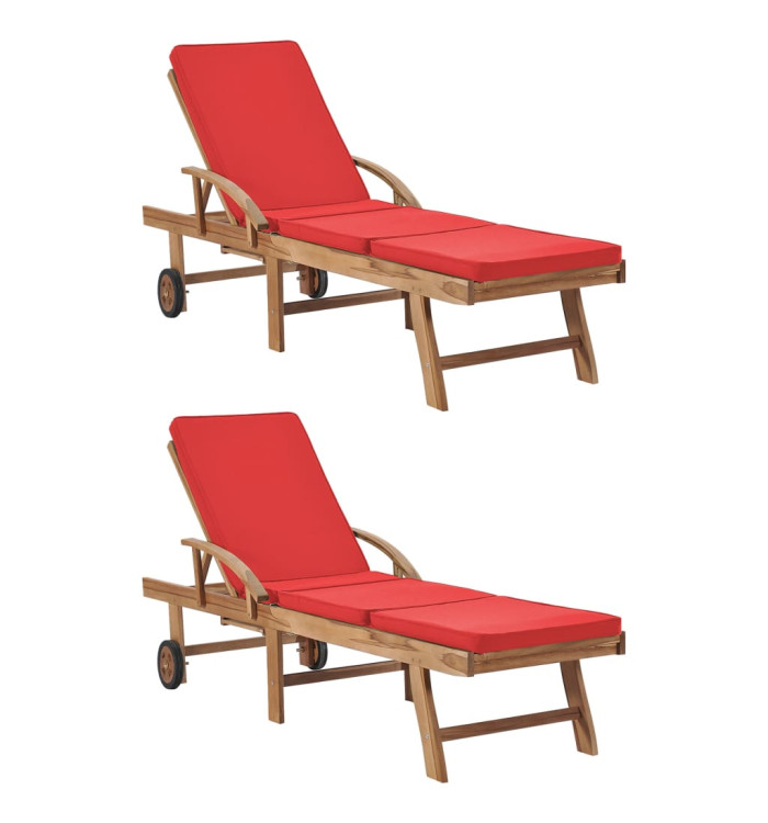 Chaises longues avec coussins 2 pcs Bois de teck solide Rouge | Mobilier & Déco