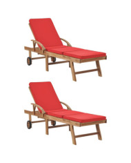 Chaises longues avec coussins 2 pcs Bois de teck solide Rouge | Mobilier & Déco