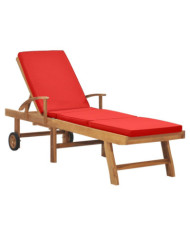 Chaise longue avec coussin Bois de teck solide Rouge | Mobilier & Déco