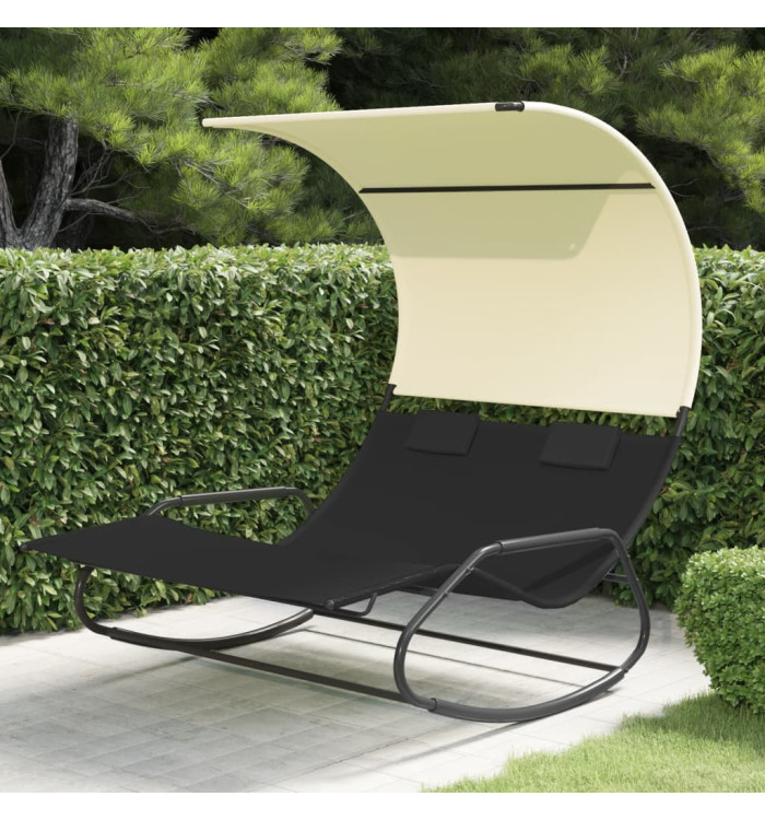 Chaise longue double à bascule avec auvent Noir et crème | Mobilier & Déco