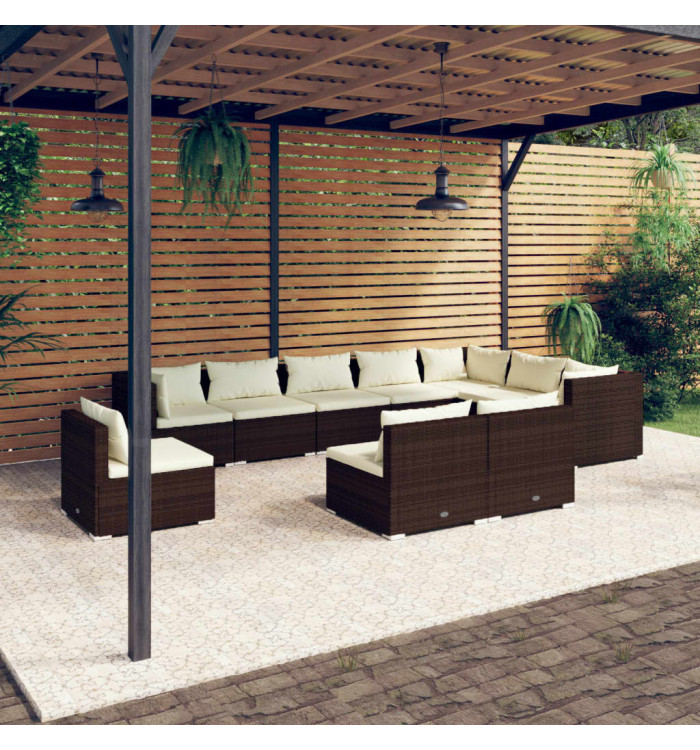 Salon de jardin 10 pcs avec coussins Résine tressée Marron | Mobilier & Déco