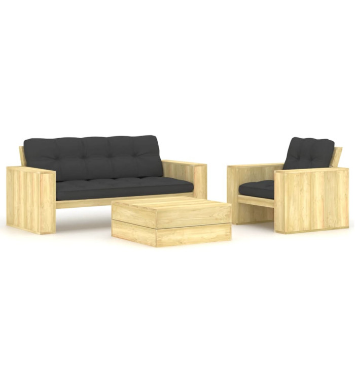 Salon de jardin 3 pcs avec coussins bois de pin imprégné | Mobilier & Déco