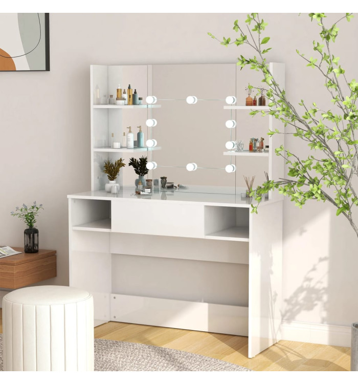 Table de maquillage avec éclairage LED MDF Blanc brillant | Mobilier & Déco