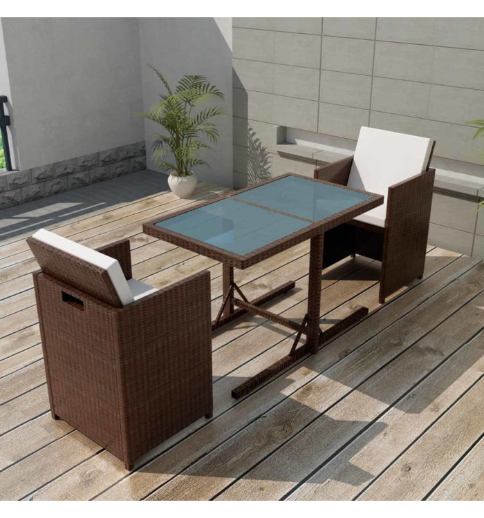 Ensemble de bistro 3 pcs et coussins résine tressée marron | Mobilier & Déco