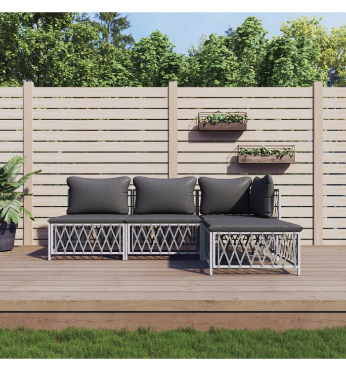 Salon de jardin 4 pcs avec coussins blanc acier | Mobilier & Déco