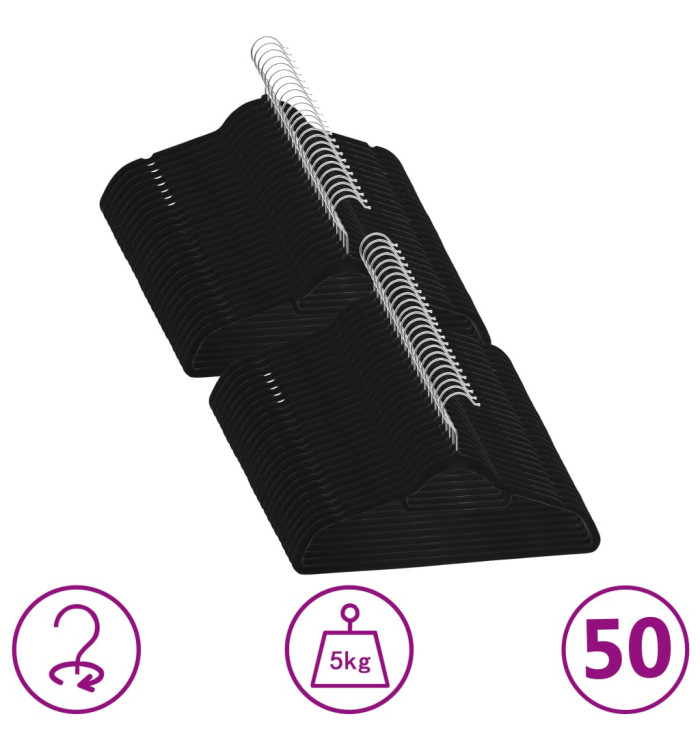 Cintres antidérapants 50 pcs Noir Velours | Mobilier & Déco