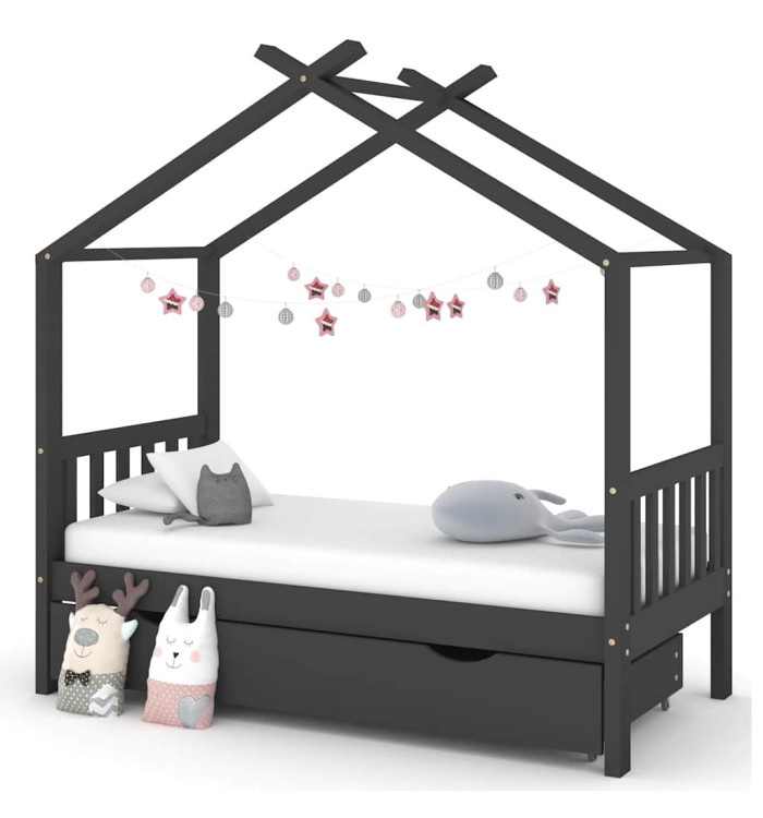 Cadre de lit enfant avec tiroir gris foncé pin massif 80x160 cm | Mobilier & Déco