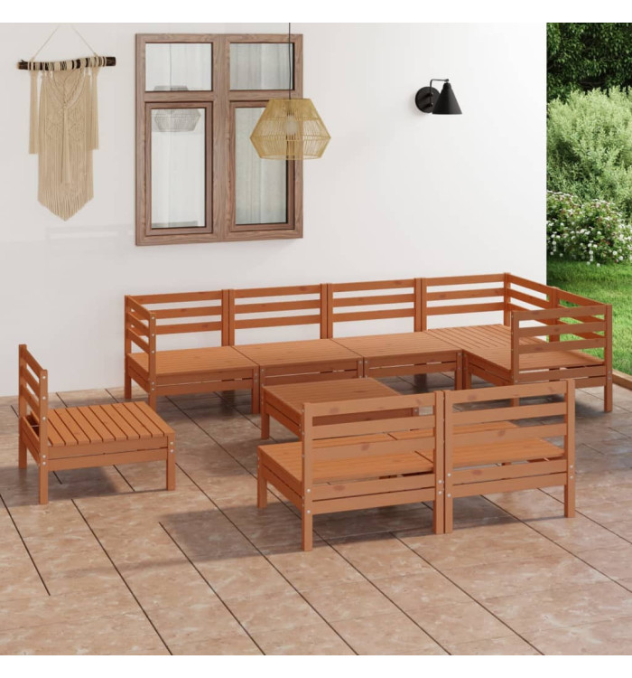 Salon de jardin 9 pcs Bois de pin massif Marron miel | Mobilier & Déco