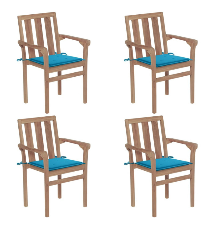 Chaises de jardin empilables avec coussins lot de 4 Teck solide | Mobilier & Déco