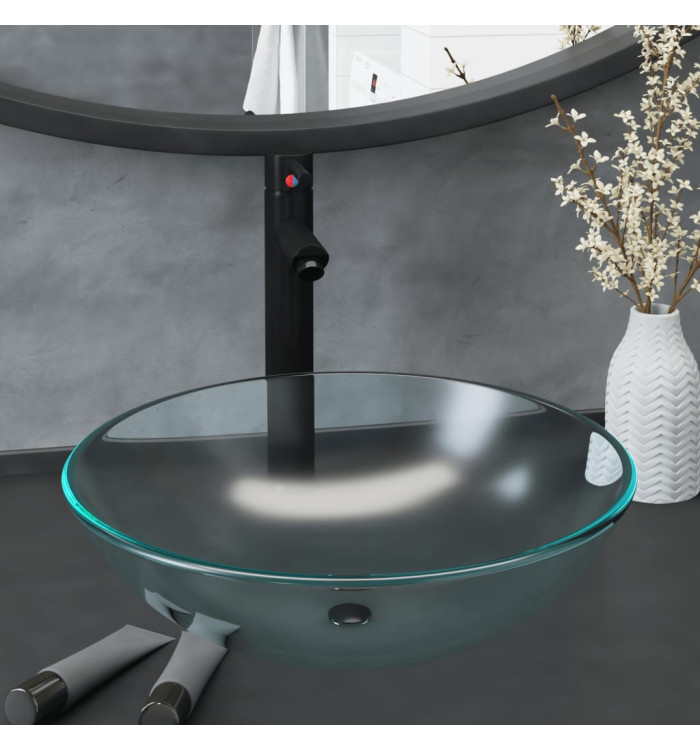 Lavabo de bain avec robinet et drain à poussoir Verre trempé | Mobilier & Déco