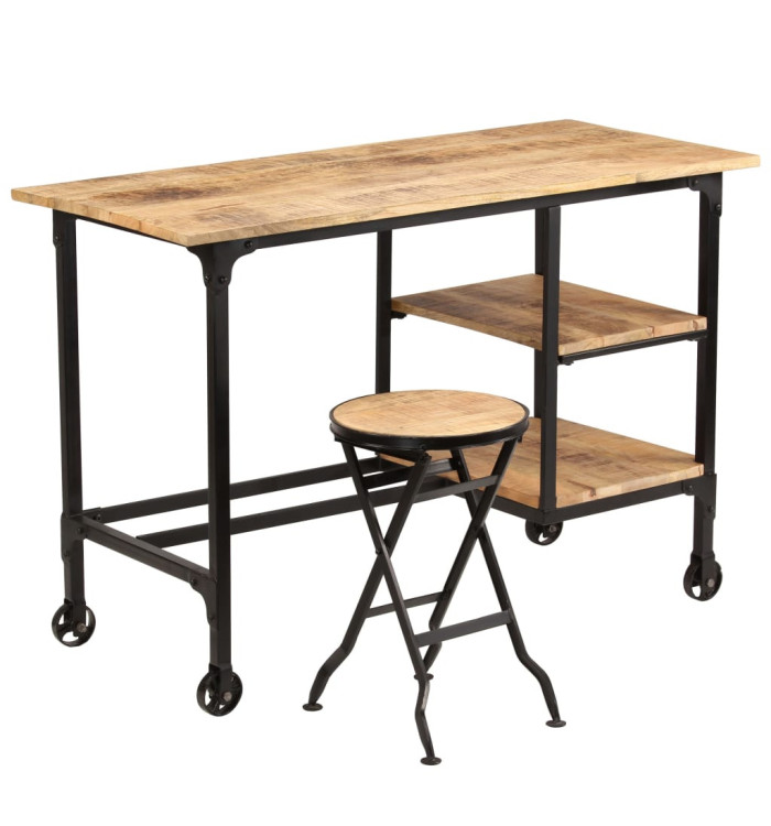 Bureau avec tabouret pliant Bois de manguier massif 115x50x76cm | Mobilier & Déco