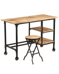 Bureau avec tabouret pliant Bois de manguier massif 115x50x76cm | Mobilier & Déco