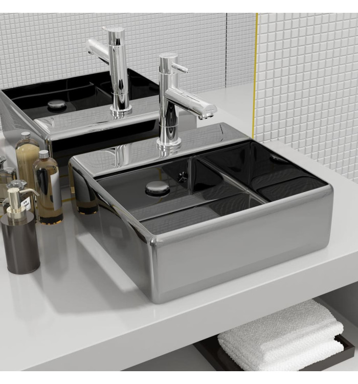 Lavabo avec trop-plein 41 x 41 x 15 cm Céramique Argenté | Mobilier & Déco