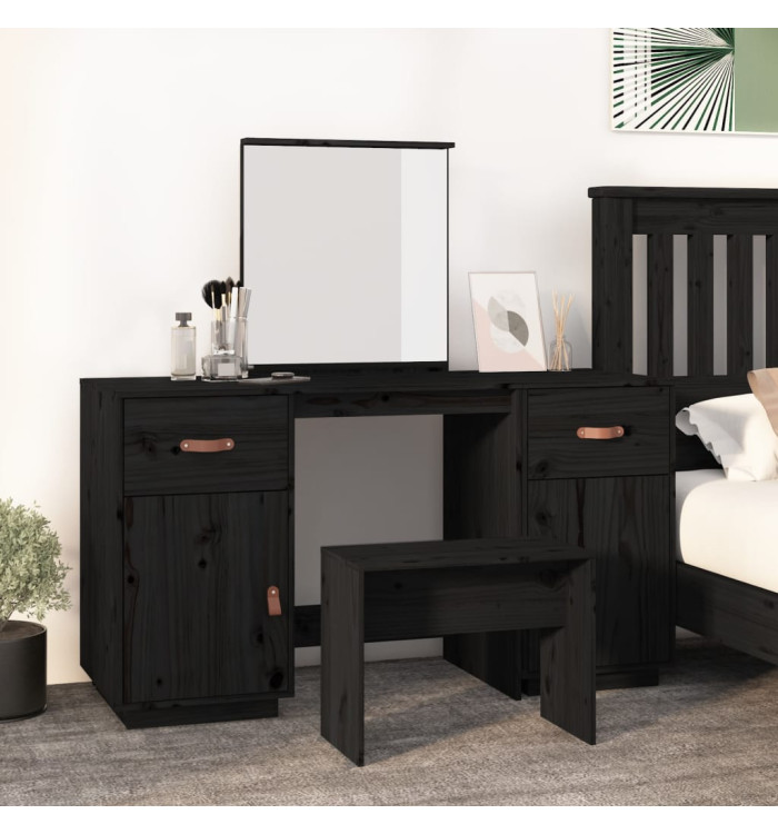 Ensemble de coiffeuse avec miroir noir bois de pin solide | Mobilier & Déco