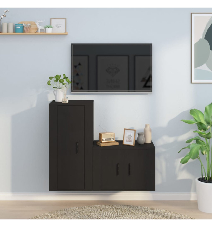 Ensemble de meubles TV 2 pcs noir bois d'ingénierie | Mobilier & Déco