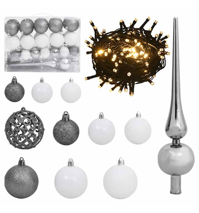 Set de boules de Noël avec pic et 150 LED 61 pcs Blanc et gris | Mobilier & Déco