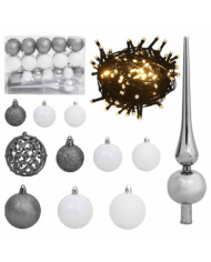 Set de boules de Noël avec pic et 150 LED 61 pcs Blanc et gris | Mobilier & Déco
