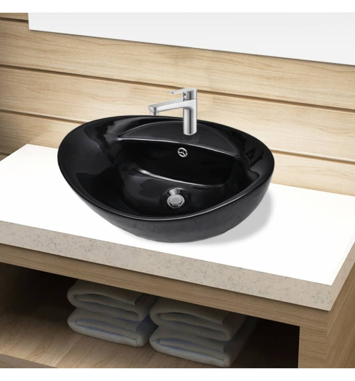 Vasque ovale à trou trop-plein/robinet céramique pour salle de bain | Mobilier & Déco