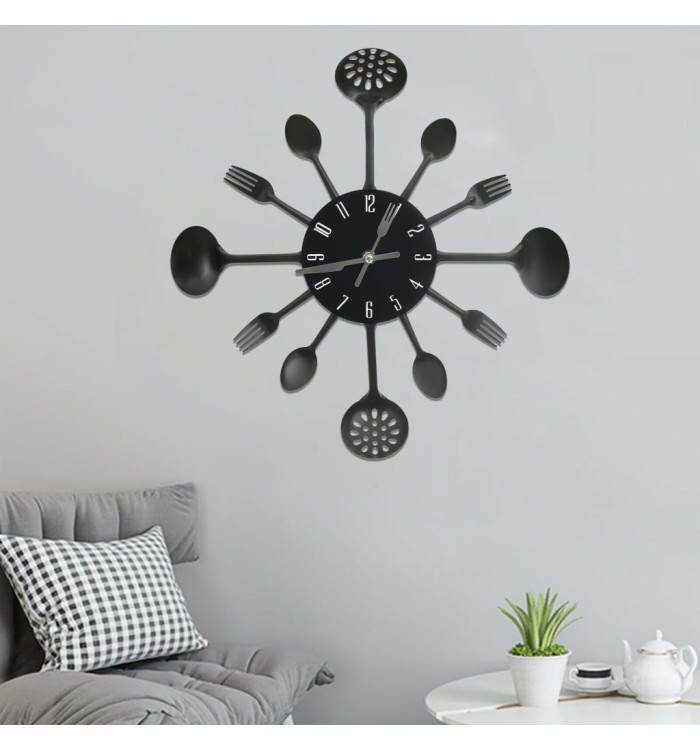 Horloge murale et cuillère avec fourchette Noir 40 cm Aluminium | Mobilier & Déco