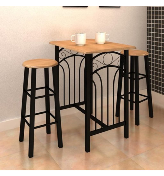 Table et tabouret de bar 3 pcs Bois et acier | Mobilier & Déco