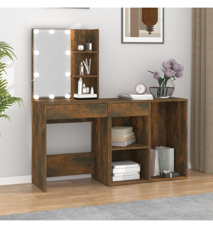 Coiffeuse à LED avec armoire Chêne fumé Bois d'ingénierie | Mobilier & Déco