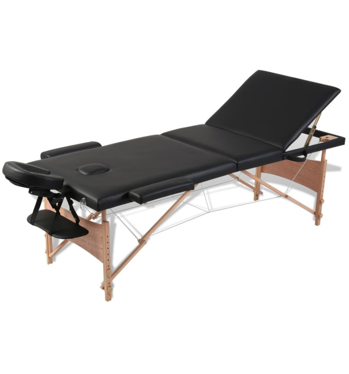Table de massage pliable Noir 3 zones avec cadre en bois | Mobilier & Déco