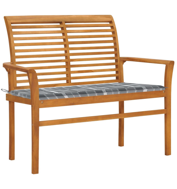 Banc de jardin avec coussin à carreaux gris 112 cm Teck massif | Mobilier & Déco