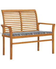 Banc de jardin avec coussin à carreaux gris 112 cm Teck massif | Mobilier & Déco